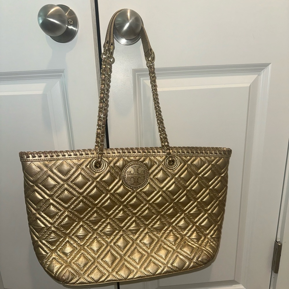 Tory Burch Gold Quilted Leather Marion Tote Bag